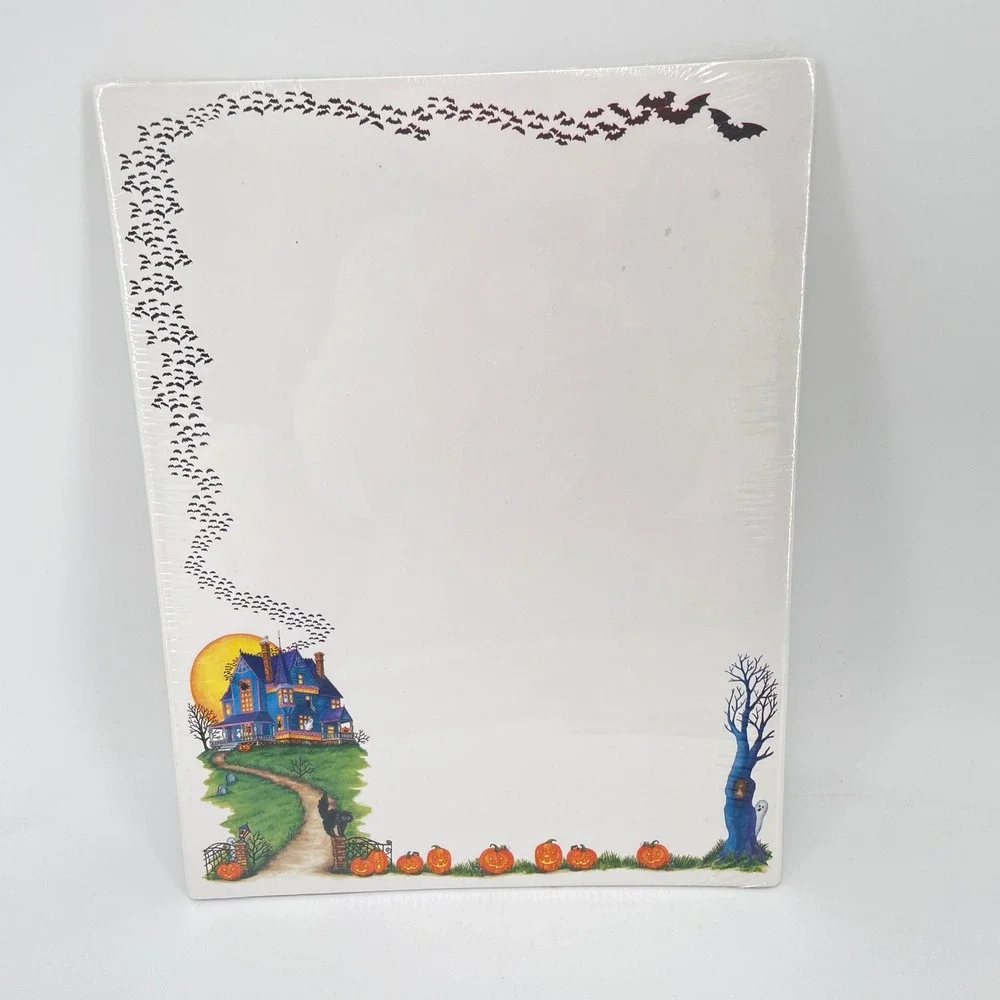 Vintage Halloween Stationery Set Haunted House Bats Skeleton 4 Packs New